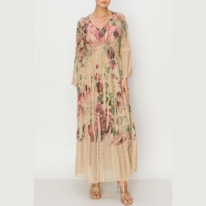 Floral Vintage Lace Dress: Romantic Cottagecore Deepv Maxi