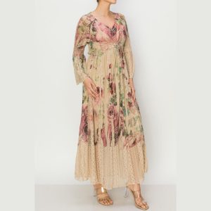 Floral Vintage Lace Dress: Romantic Cottagecore Deepv Maxi