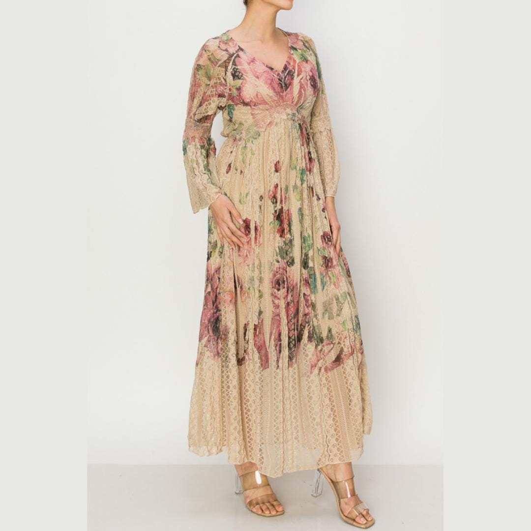Floral Vintage Lace Dress: Romantic Cottagecore Deepv Maxi
