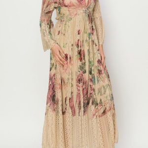 Floral Vintage Lace Dress: Romantic Cottagecore Deepv Maxi