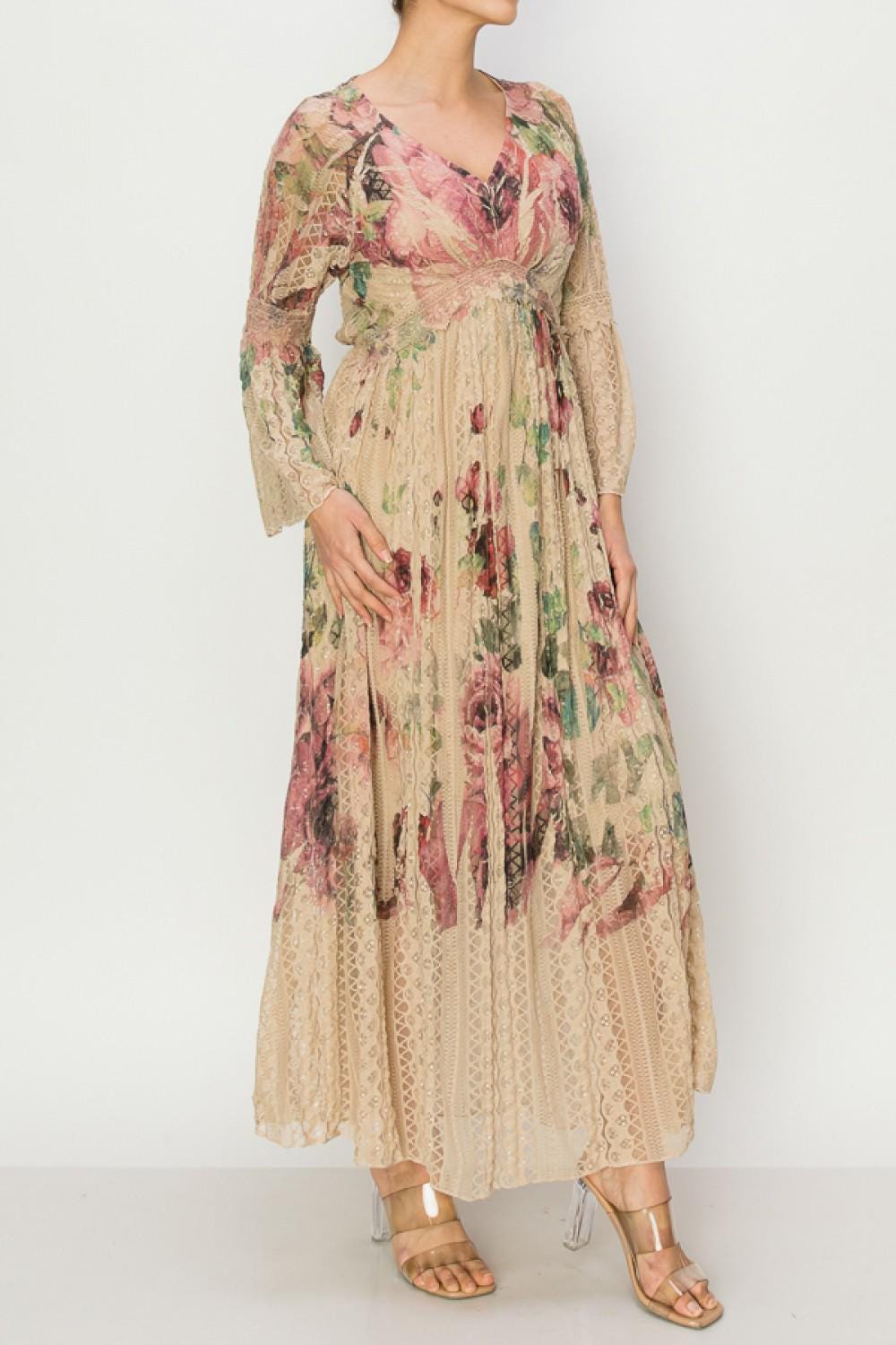 Floral Vintage Lace Dress: Romantic Cottagecore Deepv Maxi